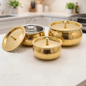3 Pieces Hammered Brass Biryani Handi Round Shape Biryani <b>Cookware</b> Pot For Kitchen Stovetop Cooking Handi With Lid - Product Image 2