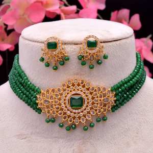 Conjunto de collar de Gargantilla AD CZ chapado en oro de fabricante indio superior para niñas, ropa de fiesta para mujeres - Product Image 1