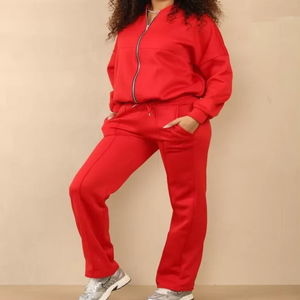 Conjunto de chándal informal de invierno con cremallera para mujer, transpirable, de secado rápido, bombardero de 2 piezas, ropa de descanso holgada de gran tamaño, patrón sólido - Product Image 1