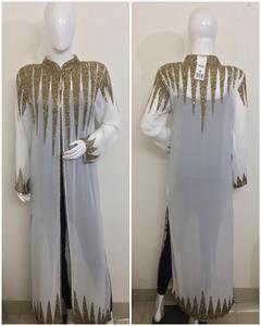 Robe de soirée sexy pour femme, broderie de strass, paillettes, devant ouvert, manches longues à perles, empire, froncée, longueur au sol, en georgette - Product Image 6