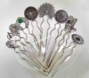 Bâton de chignon pour femmes plaqué argent, épingle à cheveux pour cheveux longs, fourches à cheveux en laiton mélangées de pierres précieuses, accessoires pour cheveux pour femmes - Product Image 4