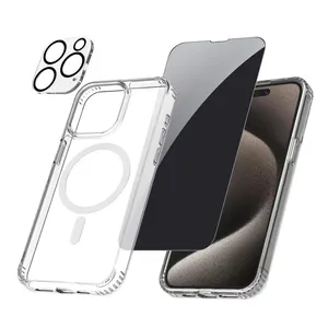 두꺼운 3in1 마그네틱 아이폰 15 프로 최대 커버 범퍼 케이스 충격 방지 및 아이폰 15 프로 최대 개인 정보 보호 유리 화면 보호