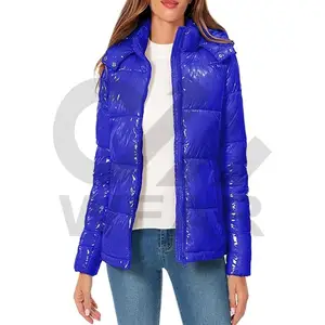 도매 여성 겨울 후드 반짝이 패딩 재킷 캐주얼 따뜻한 퀼트 전체 지퍼 짧은 버블 패딩 코트