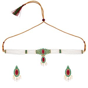 Bijoux fantaisie plaqué or CZ fausse perle mariée mariage pendentif collier tour de cou collier boucles d'oreilles ensemble - Product Image 4