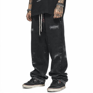 Men's <b>Cargo</b> large front Vintage New Sun Fade Baggy <b>Wide</b> <b>Leg</b> Track Sweatpants with Rhinestone Embroidery Logo Label Flare - Product Image 4
