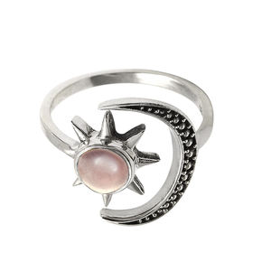 Clásico elegante de alta calidad 925 plata esterlina Natural cuarzo rosa piedra preciosa forma celestial anillo para mujeres niñas joyería Bohemia - Product Image 1