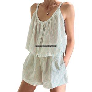 Conjunto de Pijama Corto de Algodón con Estampado Floral Hecho a Mano para Mujer, Primavera/Verano, Conjunto de Pijama Ajustado sin Mangas con Tirantes - Product Image 2