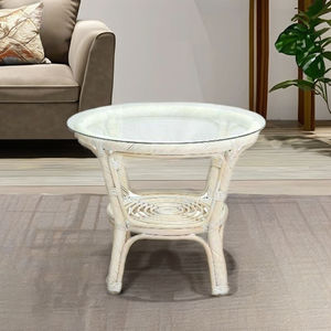 Table basse moderne en rotin/osier de conception asiatique Tafano avec plateau en verre pour le salon, non pliable - Product Image 1