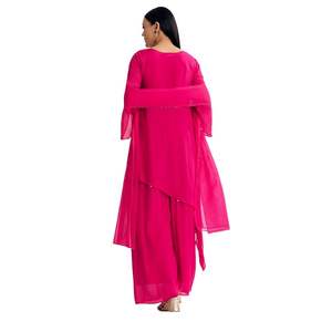 Traje Palazzo asimétrico de Chinon rosa con bordado, venta al por mayor de Ropa Étnica para mujer, proveedor de fábrica de ropa OEM, atuendo personalizado - Product Image 5