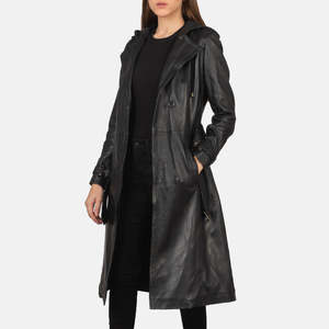 Fixon Casual Black Trench <b>Coat</b> Hood Waterproof PU Leather Double Breasted Closure Long Length Denim Knitted Fabric Cotton Filled - Product Image 1