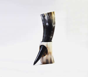 Authentic Handcrafted Polished <b>Black</b> And White Buffalo Horn Drinking Horn Mead Vessel With Matching Horn Stand Traditional - Product Image 3