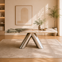 Table à manger rectangulaire moderne en marbre avec base en métal poli en forme de V