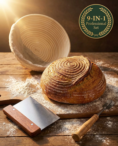 Kit de démarrage artisanal pour levain naturel, ensemble de paniers de levage en rotin faits à la main avec fouet à pâte, lame à levure, racloir et doublure - Product Image 1