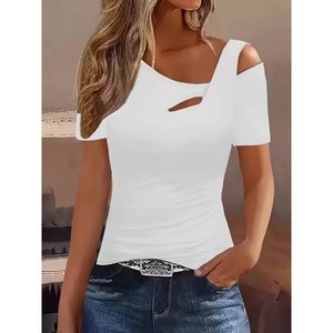 Blusa de Viscosa para Mujer de Jane's, Manga Corta, Cuello Asimétrico, Estilo Casual Moderno para Uso Diario - Product Image 1