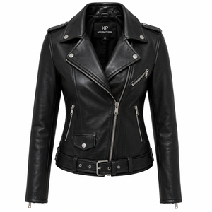 Veste de motard en similicuir noir pour femme, manches longues, fermeture éclair, col montant, coupe classique - Product Image 1
