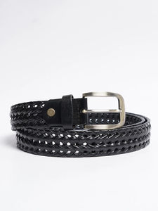 Cinturón Trenzado de Cuero Genuino de Alta Calidad para Hombre, con Logotipo Personalizado, Diseño Sólido, Color Negro, Hebilla Cuadrada de Aleación, 30-48 Pulgadas - Product Image 3