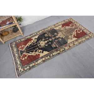 Alfombra Kilim Vintage de 2,9x5,8 pies, diseño de retales rojo y negro, Material de lana, técnica de tejido plano de látex, alfombra bohemia de yute para pasillo - Product Image 2