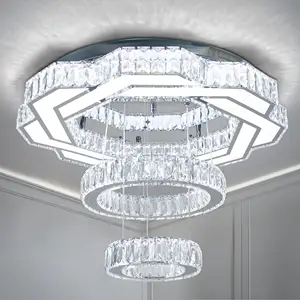 Modern 22.5" Large Crystal Chandelier LED Crystal Ceiling Light with 2 Rings Pendant Light Flush Mount Chandelier for Bedroom
