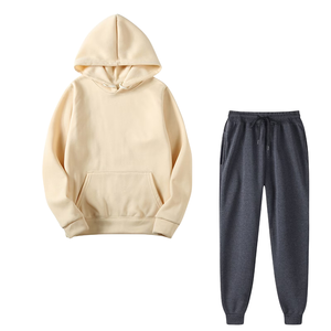 Conjunto Deportivo Informal de Invierno para Hombre y Mujer, Sudadera con Capucha Color Crema y Pantalones Deportivos Gris Oscuro, Venta al Por Mayor de Fábrica, Logotipo Personalizado OEM - Product Image 1