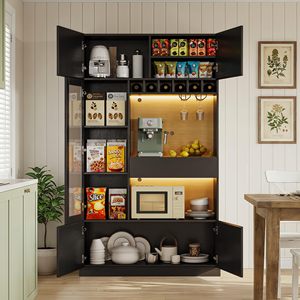 <span class=keywords><strong>Meuble</strong></span> de <span class=keywords><strong>cuisine</strong></span> haut noir moderne avec support pour micro-ondes, bar à café LED, casier à vin et vitrine à verres - Product Image 5