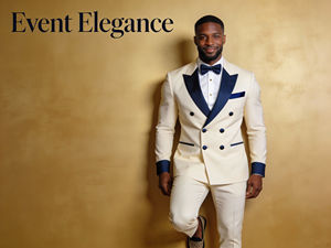 Traje de Etiqueta Doble Botonadura Color Marfil para Hombre con Solapa Azul Marino, Traje de Novio para Boda - Product Image 2