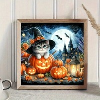 Kit de Peinture Diamant DIY Complet de Haute Qualité, Peint à la Main, Écologique, Motif Chat Citrouille d'Halloween, pour Décoration Intérieure