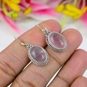 Boucles d'oreilles pendantes en quartz rose ovale rose blush faites à la main en argent sterling 925 plaqué or cadeau parfait pour elle - Product Image 4