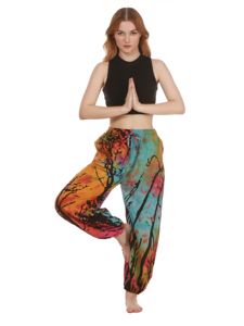 กางเกงฮาเร็มผ้าฝ้ายพิมพ์ลายโบโฮของผู้หญิงฟรีไซส์ผ้าซาตินยืดหยุ่นโลโก้ทรงแบ็กกี้ทรงตรงเชือกรูดใส่สบายระบายอากาศได้ดี - Product Image 5