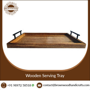 Bandeja de servicio de madera de forma rectangular con acabado de madera natural de calidad superior con asas de metal para servicio de hoteles y restaurantes - Product Image 4