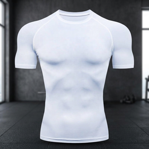 T-shirt de compression blanc à manches courtes pour homme, coupe ajustée, séchage rapide, col rond, en polyester tricoté, style sportif - Product Image 2