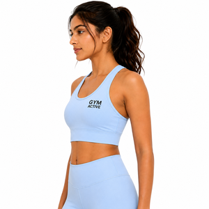 Women Light Blue Plaid <b>Racerback</b> Sports <b>Bra</b> High Waist Leggings Set Custom Gym Activewear Yoga Workout Fitness Plus Size Front - Product Image 4