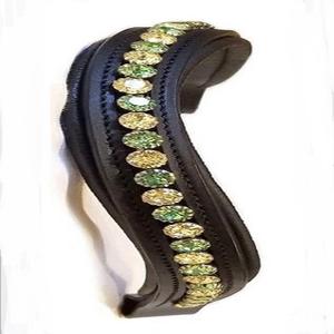 Banda de cejas de caballo de cuero negro duradero con remium suave acolchado fuerte con cristales verdes decorativos de diamantes de imitación mega Bling - Product Image 3