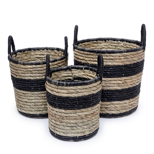 Natural Mendong Grass Recycled <b>Plastic</b> <b>Basket</b> Set Black Stripe Coiled Arch Handle Cylinder Pot Planter Pure Art Setup Room Craft - Product Image 1