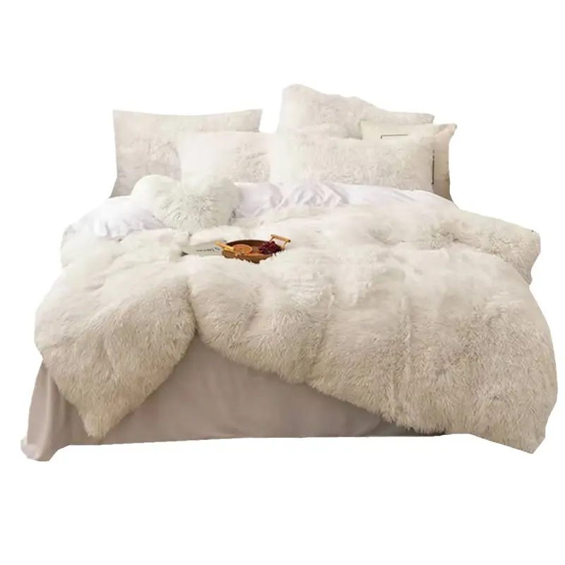 CS14 New Customize winter bedding luxury super soft Ivory long plush fluffy faux fur velvet shaggy fur comforter set duvet set