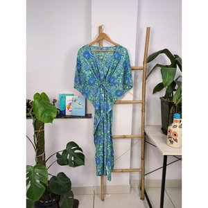 Vestido Kaftán Estilo Boho Chic, Estampado a Mano, Verde Azulado, con Diseño Floral, Transpirable, Ligero, de Algodón, para Usar como Traje de Baño - Product Image 4