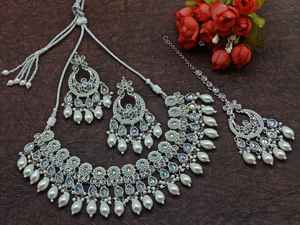 New Design AD Uncut Silver Plated Traditional & Fashionable Pearl & Kundan Studded Choker Necklace <b>Set</b> & <b>Jewellery</b> <b>Set</b> <b>for</b> Woman - Product Image 4