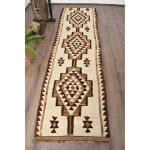 Vintage Turkish Rug, 2.7x9.6 ft Kilim Rug, <b>Brown</b> Solid <b>Wool</b> Rug - Product Image 1
