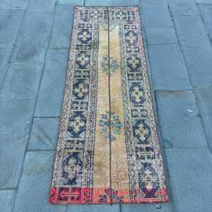 พรมตุรกีขนาด 2.3x6.4 ฟุต, พรม, พรมลายตารางสีน้ำเงินทำจากขนสัตว์ - Product Image 1