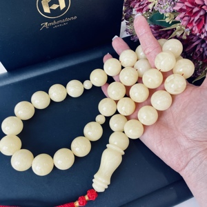 Tasbih en ambre blanc naturel, rare et massif, Misbaha en ambre blanc de la Baltique, objet de collection, 206 grammes, 21 mm - Product Image 6