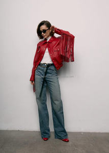 New Fashionable Red Fringe Leather <b>Jacket</b> Womens <b>Western</b> Cowgirl Style Vintage Rodeo Biker Look Knitted Canvas Breathable - Product Image 6