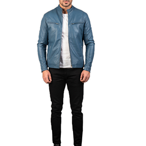 Veste en cuir véritable pur bleu pour hommes Veste personnalisée et respirante coupe-vent de décoration avec broderie réversible à la mode pour hommes - Product Image 6