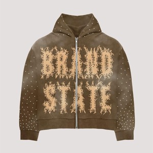 OEM personalizado Sunfaded cremallera French Terry Streetwear funcional lavado ácido hombres Zip up peso pesado Rhinestone Sudadera con capucha - Product Image 5