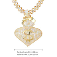 Collier Statement Hip Hop avec Pendentif Cœur Micro Pavé CZ 5A et Grand Sac d'Argent Dollar, en Laiton Doré, Fournisseur OEM de Bijoux en Gros