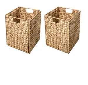 Amazon hot sell classics square handwoven foldable natural water hyacinth storage basket