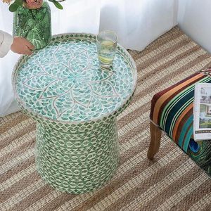 Mesa decorativa con incrustaciones de nácar, mosaico verde, mesas con incrustaciones de concha de Capiz, los mejores muebles para sala de estar - Product Image 4