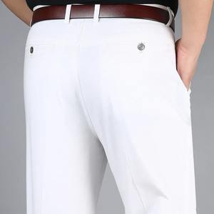 Pantalon taille moyenne pour hommes Pantalon habillé écologique respirant décontracté droit en coton ample fermeture à cordon solide blanc automne - Product Image 1
