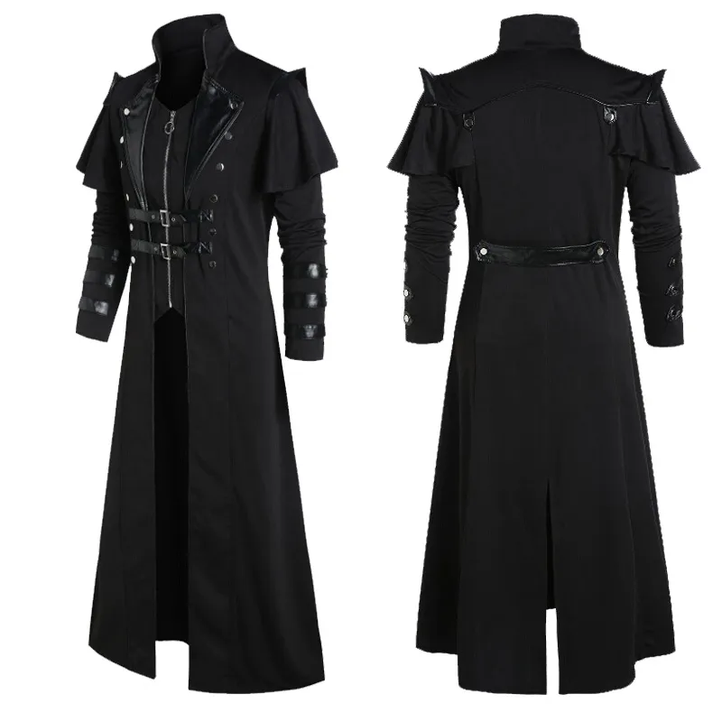 أزياء تنكرية أنيمي القرون الوسطى بيج ملابس رجالية خمر أسود جاكيت طويل قوطي خندق ستيم بان