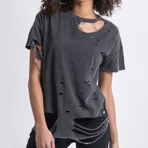 เสื้อยืดมีรูขาดของผู้หญิงทำจากผ้าฝ้ายเนื้อนุ่มโลโก้ตามสั่ง - Product Image 2