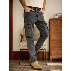 Jean cargo en denim gris anthracite pour homme, style rétro vintage, 100% coton, multipoches, respirant, écologique, tendance - Product Image 1