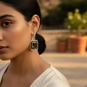 Boucles d'oreilles pendantes en argent 925 plaqué or 18 carats avec quartz fumé pour femmes, bijoux de mariage avec pierre principale en perle et diamant, finition dorée - Product Image 2